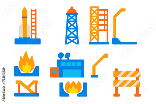 Launch Infrastructure Icons. Flat vector icons of launch infrastructure: launch pad, fuel tower, gantry, flame trench, control