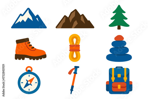 Mountain Exploration Icons. Flat vector icons of mountain range: snow peak, rocky ridge, pine silhouette, hiking boot, climbing