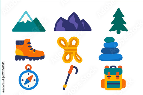 Mountain Exploration Icons. Flat vector icons of mountain range: snow peak, rocky ridge, pine silhouette, hiking boot, climbing