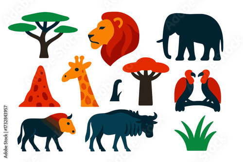 Savannah Wildlife Icons. Flat vector icons of savannah wildlife: acacia tree, lion profile, elephant silhouette, giraffe neck,