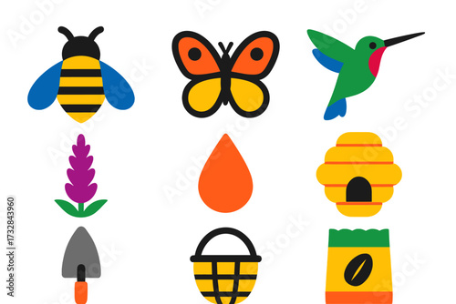 Pollinator Garden Icons. Flat vector icons of pollinator garden: honeybee, butterfly, hummingbird, flower spike, nectar droplet,