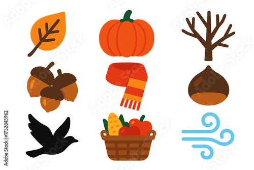 Autumn Icon Set. Flat vector icons of autumn scene: falling leaf, pumpkin, bare tree, acorn trio, scarf, chestnut, migrating bird,