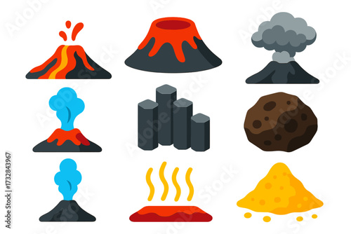 Volcanic Landscape Icons. Flat vector icons of volcanic landscape: lava flow, crater rim, volcanic ash cloud, fumarole vent,