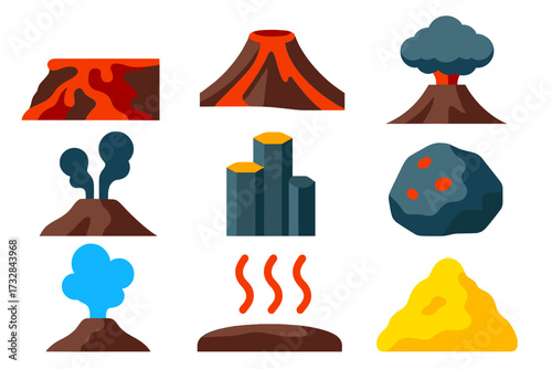 Volcanic Landscape Icons. Flat vector icons of volcanic landscape: lava flow, crater rim, volcanic ash cloud, fumarole vent,