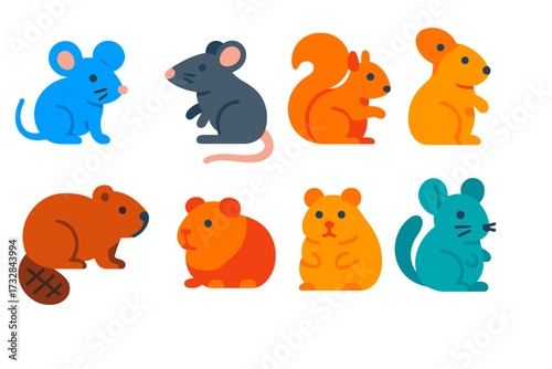 Colorful Rodent Icons. Flat vector icons of rodents: mouse, rat, squirrel, beaver, guinea pig, hamster, porcupine, capybara,