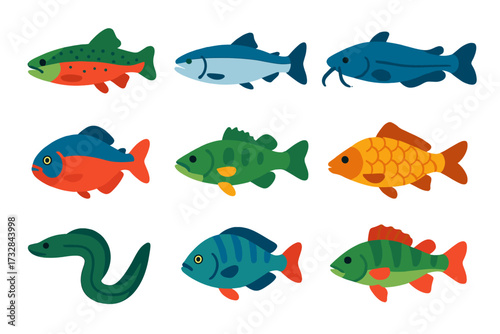 Bright Fish Icons. Flat vector icons of freshwater fish: trout, salmon, catfish, piranha, bass, carp, eel, tilapia, perch No text.