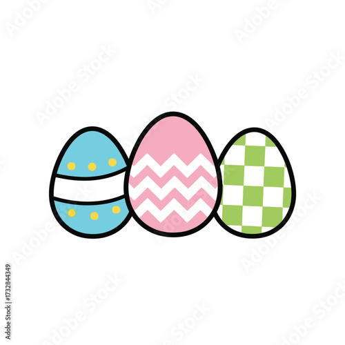 Three decorated easter eggs with blue pink and green patterns isolated on white background