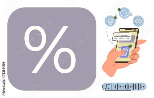 Hand entering one-time code on smartphone screen alongside percentage icon, lock, and connection symbols. Ideal for security, authentication, cybersecurity, technology, privacy, finance access