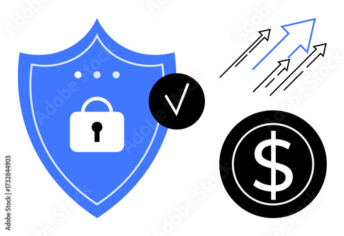 Blue shield with padlock, verified checkmark, dollar symbol, and upward arrows symbolize financial growth, security, stability, savings, investment reliability and success. Simple flat metaphor