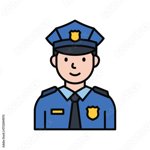 Friendly cartoon police officer in uniform with badge and hat isolated on white background