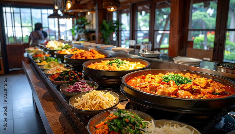 Fototapeta premium A long table in a restaurant displays various cooked foods like vegetables, salads, and stews, ready to be served to diners