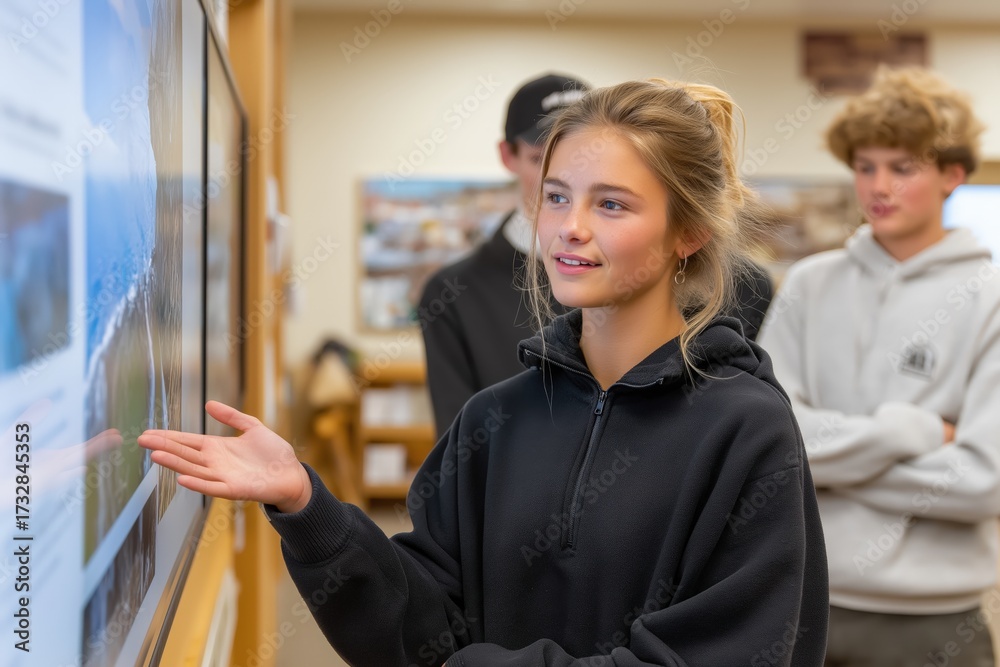 Obraz premium Teen caucasian girl engaging with interactive digital display in learning environment.