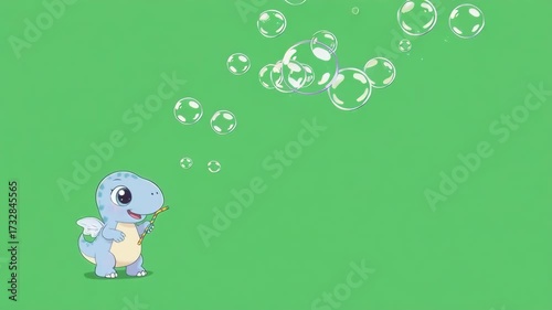 A light blue cartoon dragon blowing bubbles with a straw on a green background with bubbles above it