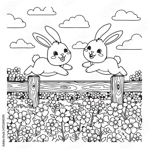 Charming line art illustration of two joyful bunnies leaping over a rustic wooden fence in a vibrant flower filled meadow perfect for children s coloring pages