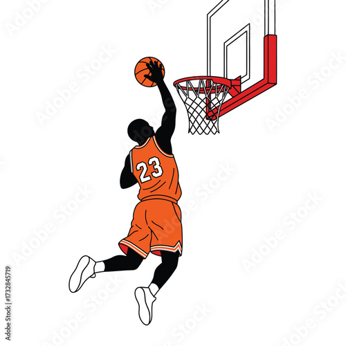 Silhouette of a basketball player in mid air dunking the ball with number 23 on jersey isolated on white background