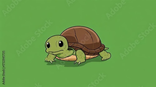 Cartoon turtle with brown shell and green skin on a plain green background illustration style