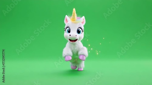 Animated unicorn with rainbow mane leaping on a green background with magical sparkling effects around it