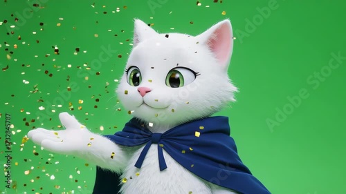 Animated white cat with green eyes wearing a blue cape amidst falling golden confetti on green background