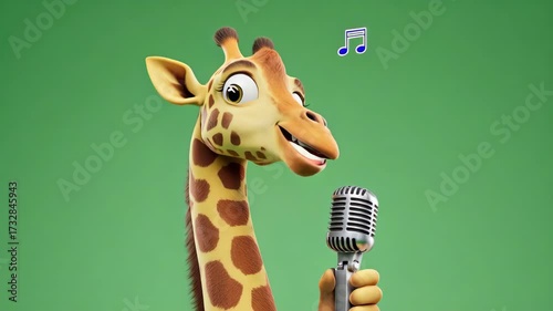 A cartoon giraffe singing into a vintage microphone against a solid green colored background space