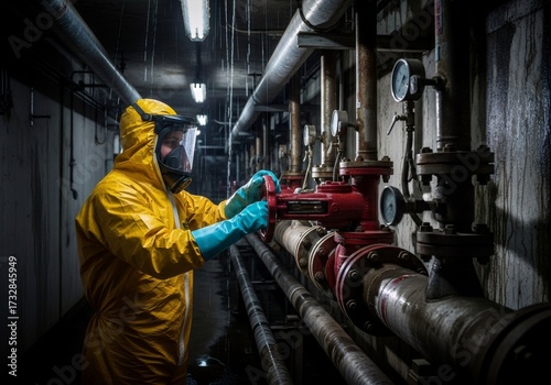 Man in hazmat suit turning valve on pipe in underground facility with leaking ceiling. Illegal drug production or clandestine laboratory concept.