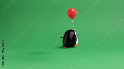 Penguin character holding a red balloon on a green background in a studio shot setting style