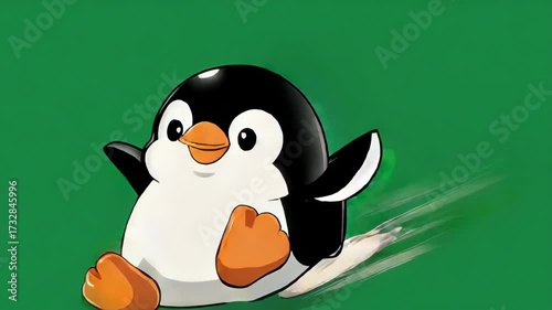 Cartoon penguin sliding with orange feet on a green background in a digital illustration