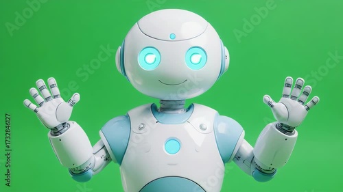A friendly robot with blue eyes and white body waving its hands in front of a green background