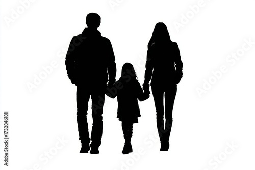 A minimalist black silhouette of a couple holding hands with their young daughter, walking forward against a white background, symbolizing unity, safety, and family connection.