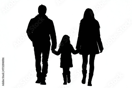 Black silhouette of a father, mother, and young daughter walking hand in hand against a white background, symbolizing family unity, protection, and love.