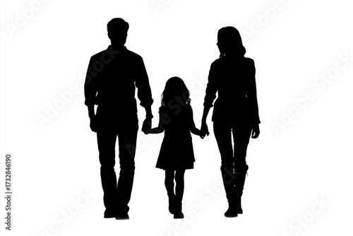 Black silhouette of parents and daughter holding hands while walking together against a white background, symbolizing family love, unity, and caring relationships.