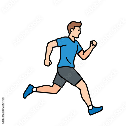 Athletic male jogger in blue shirt and gray shorts in motion isolated on white background