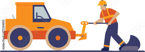 A man pushes a bulldozer using a shovel, demonstrating manual effort in construction work.