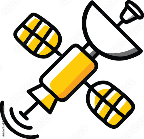 Cartoon illustration of a satellite in orbit, featuring solar panels and antennas against a blue background.
