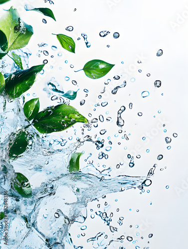 Green leaves with water flow. Plants in transparent splashes. Illustration of liquid for design