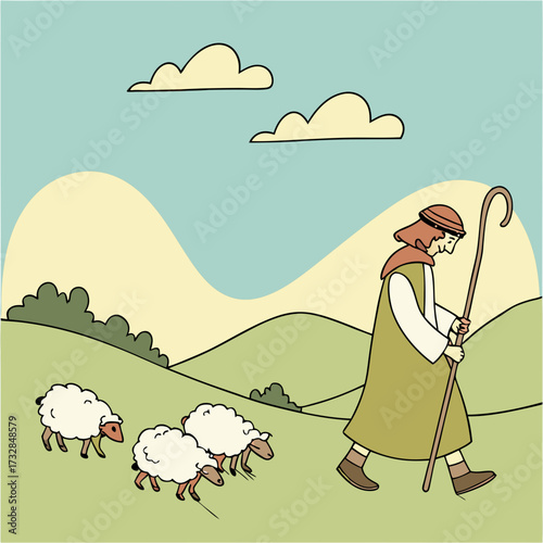 A shepherd with his sheep vector illustration