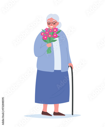 A cheerful elderly woman holding a bouquet. Vector flat graphics.