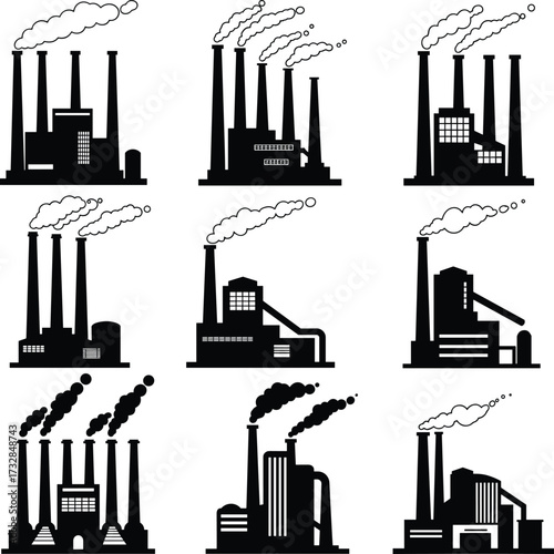 Industrial factory silhouettes with chimneys, heavy smoke pollution, power plant buildings, manufacturing industry icons, environmental impact illustration