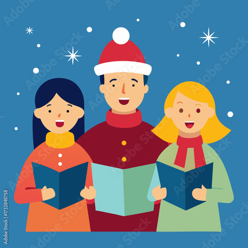 A cheerful group of carolers in a festive scene vector illustration