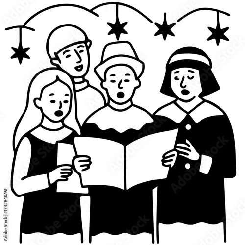A classic caroling scene in a winter setting vector illustration