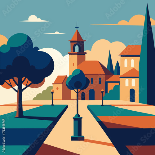 A simple illustration of a town square with a tree vector illustration