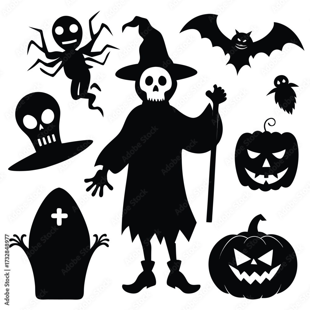 Obraz premium Halloween silhouette vector set spooky and creepy design elements for holiday decorations isolated on white background