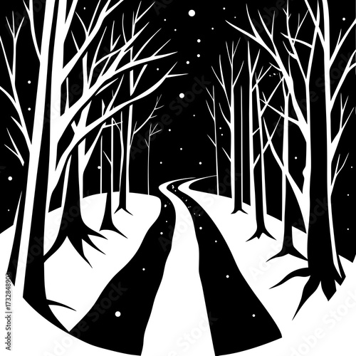 A beautiful winter forest path vector illustration
