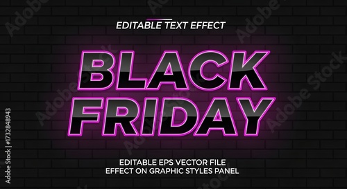 Black friday neon text effect with glowing purple outline on dark brick wall background, editable eps vector file