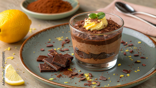 Delicious Chocolate Mousse Dessert with Garnish and Fresh Lemon