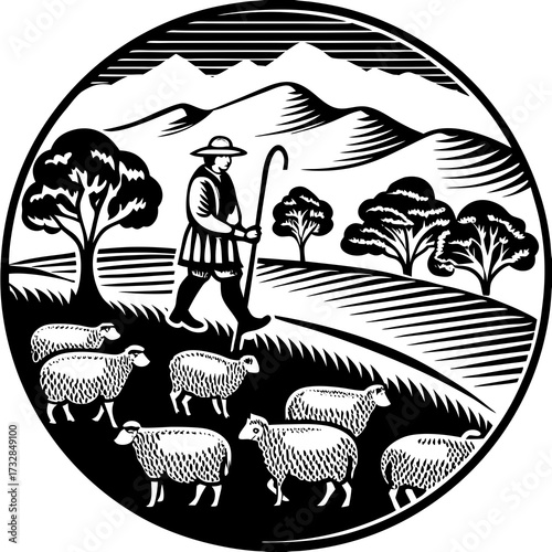 A traditional shepherd watching over his flock of sheep vector illustration