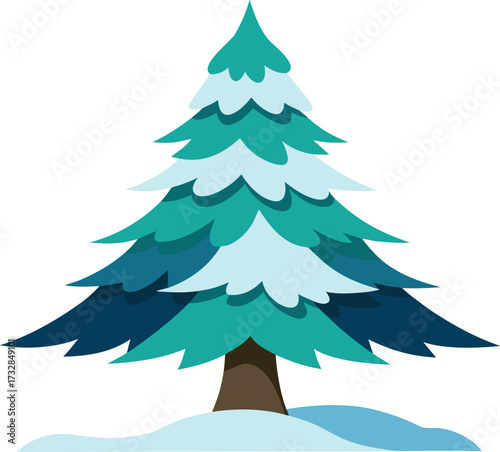 Vector illustration of a snow-covered Christmas tree, showcasing festive decorations and a wintery atmosphere.