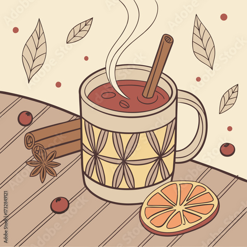 A warm glass of mulled wine with Christmas spices vector illustration