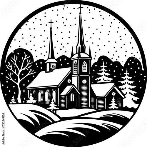 A serene country church in a snowy landscape vector illustration