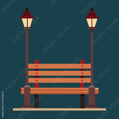 A wooden bench surrounded by two street lamps and a tall lamp post, set in a public outdoor area.
