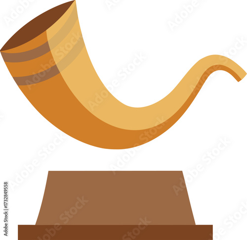 A gold horn elegantly displayed on a polished wooden stand, showcasing its intricate design and craftsmanship.